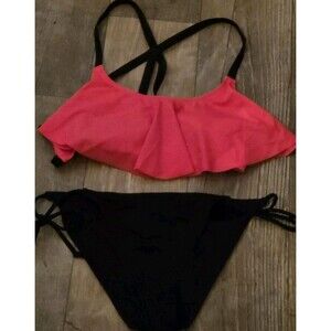 Victoria's Secret PINK bikini set w/ flounce crop top and black Bottoms, Size S